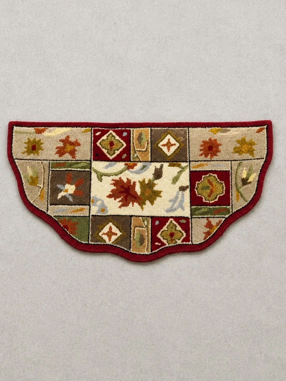 Hand Hooked Autumn Leaf Hearth Rug Fall Accent Mat Red Beige 24x41 Wool Blend